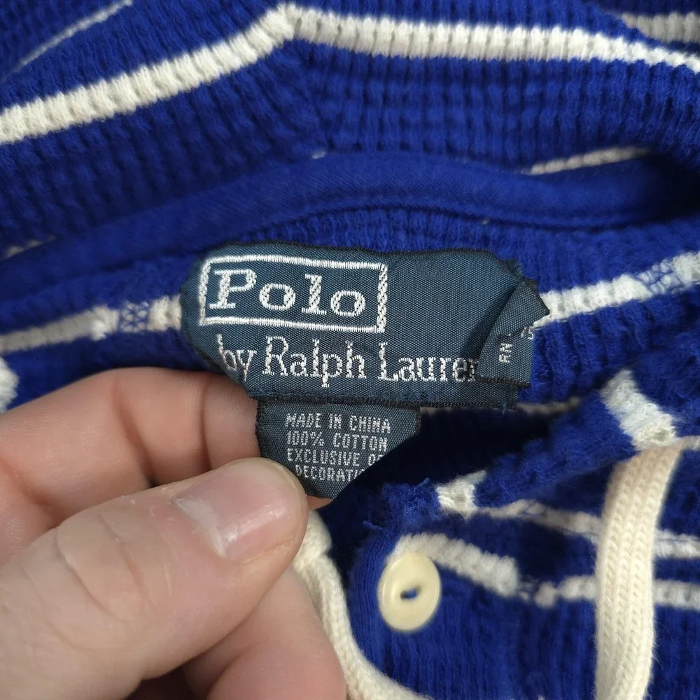 Vintage Polo Ralph Lauren Hoodie Mens L Blue Striped Thermal Henley Pony Logo